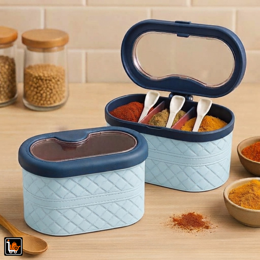 3-Compartment Spices Storage Box with Transparent Dust-Proof Cover & 3 Spoons