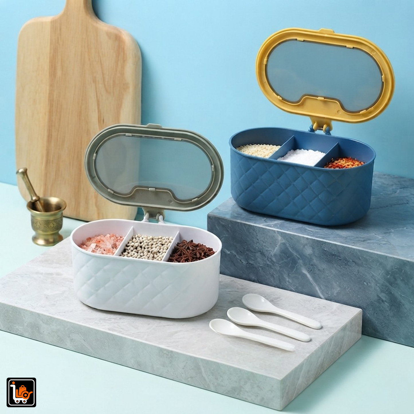 3-Compartment Spices Storage Box with Transparent Dust-Proof Cover & 3 Spoons