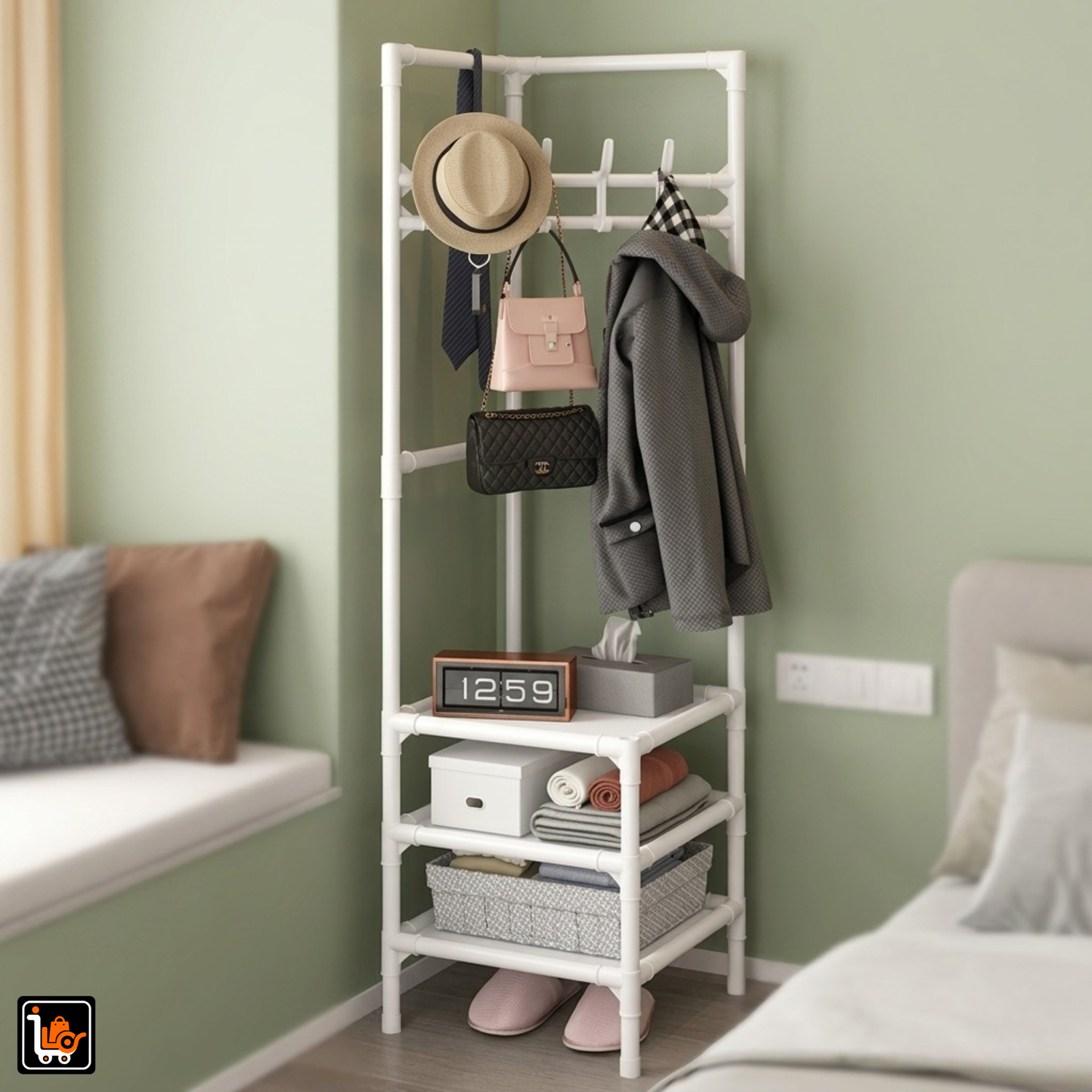 Corner Clothes Hanging Stand With 3 Tier Storage Shelves