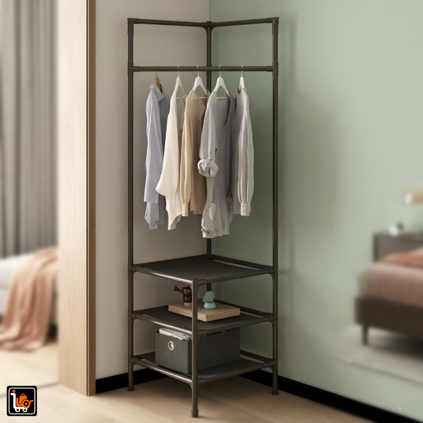 Corner Clothes Hanging Stand With 3 Tier Storage Shelves