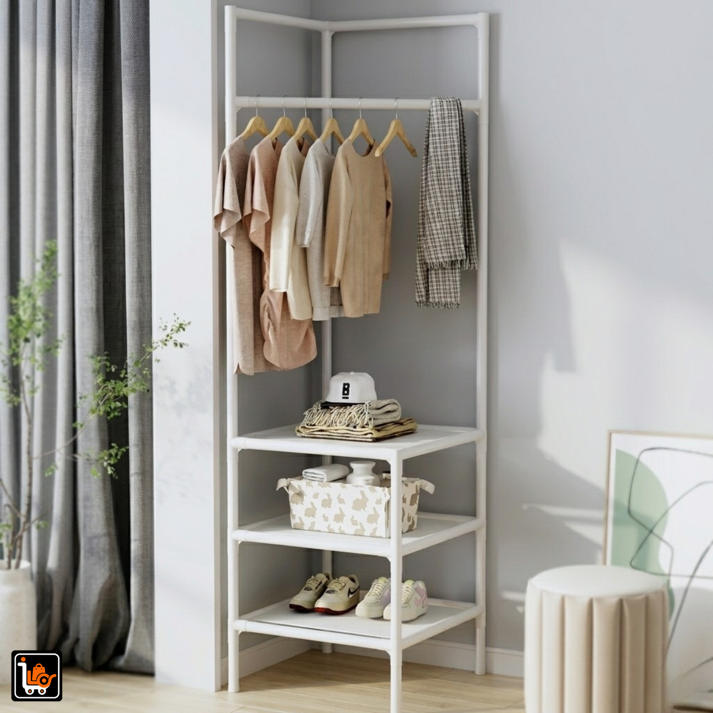 Corner Clothes Hanging Stand With 3 Tier Storage Shelves