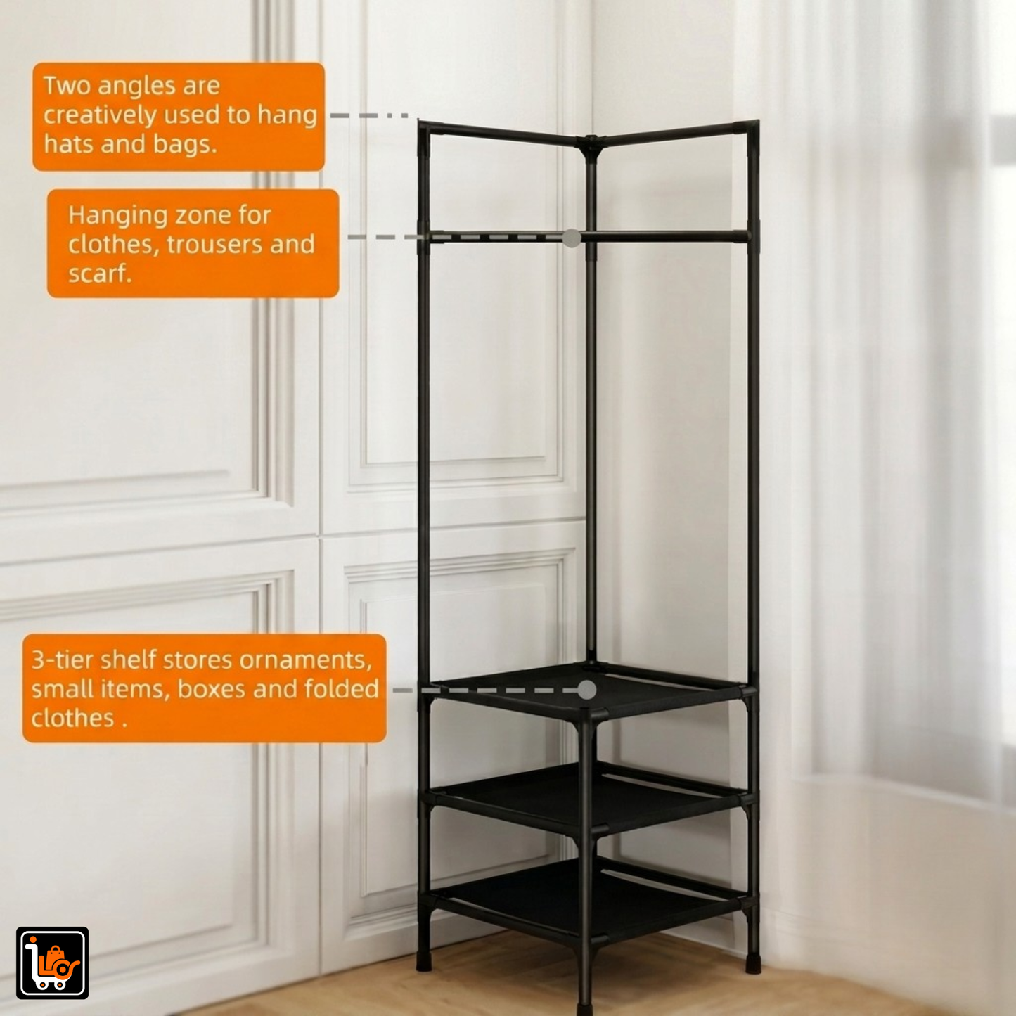 Corner Clothes Hanging Stand With 3 Tier Storage Shelves