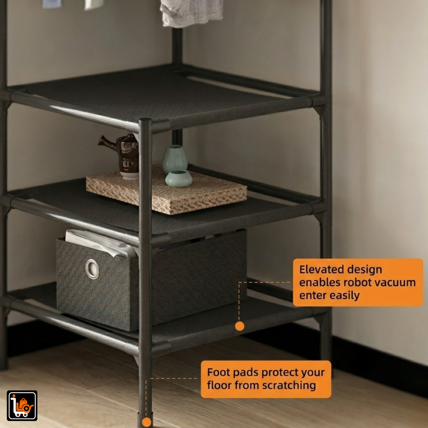 Corner Clothes Hanging Stand With 3 Tier Storage Shelves