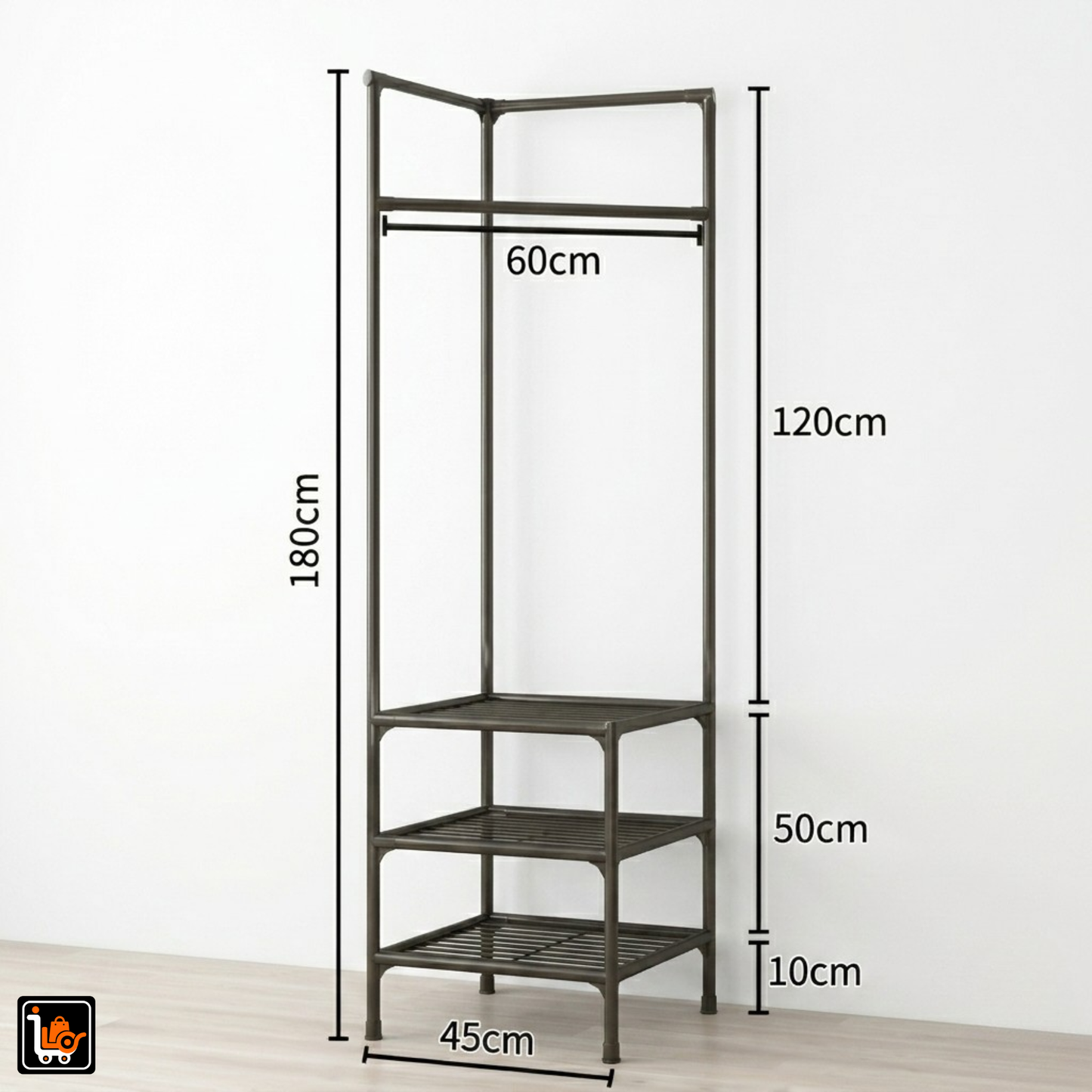Corner Clothes Hanging Stand With 3 Tier Storage Shelves