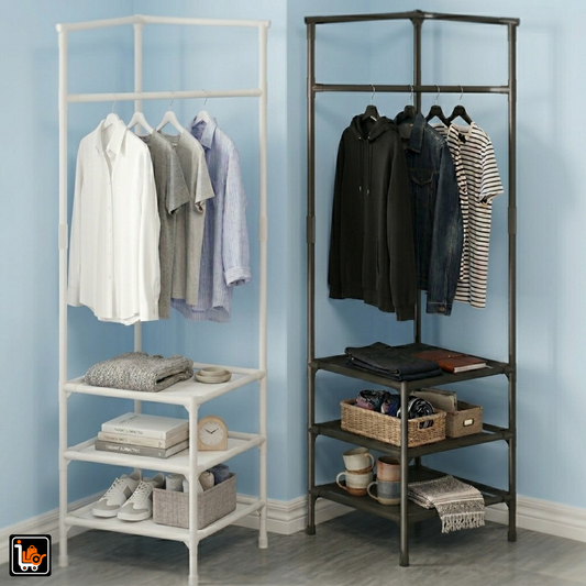 Corner Clothes Hanging Stand With 3 Tier Storage Shelves