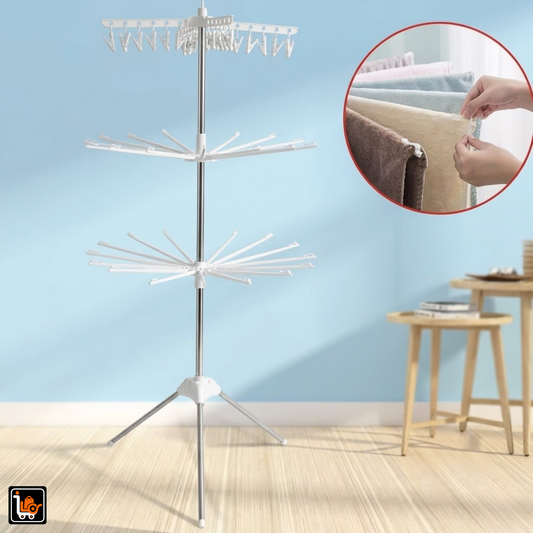 Foldable 3-Tier Drying Rack with Clips Space Saving Clothes Drying Stand