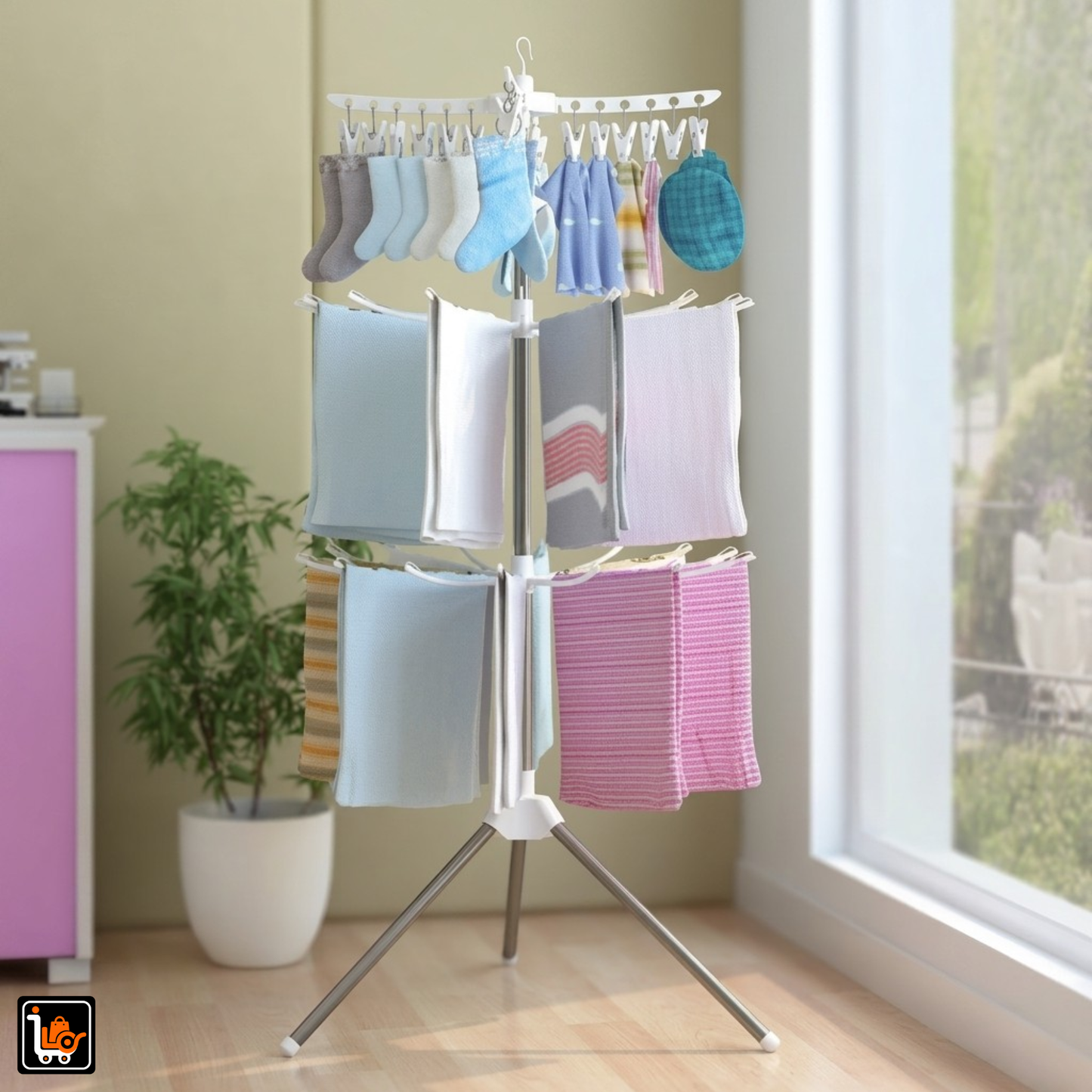 Foldable 3-Tier Drying Rack with Clips Space Saving Clothes Drying Stand