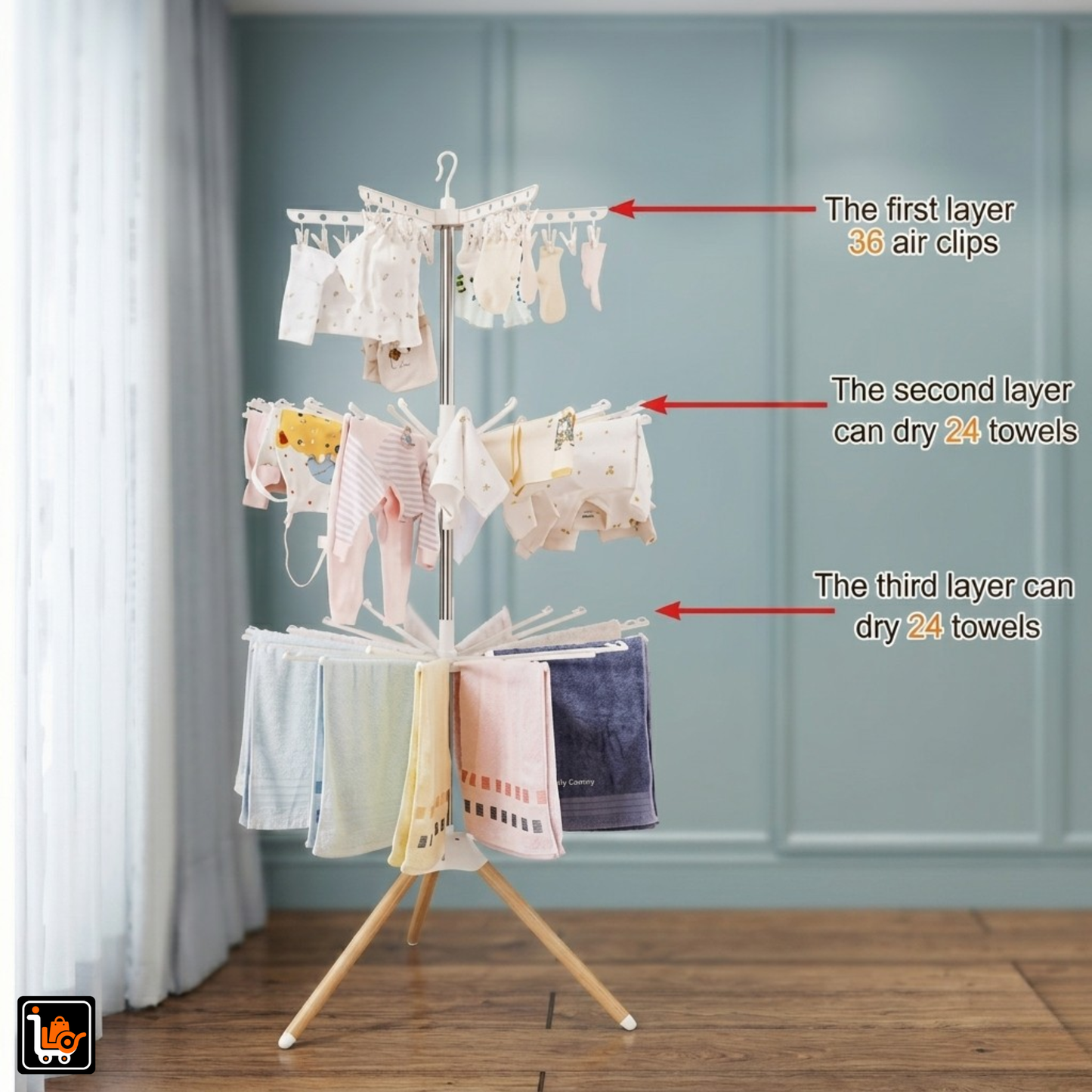 Foldable 3-Tier Drying Rack with Clips Space Saving Clothes Drying Stand