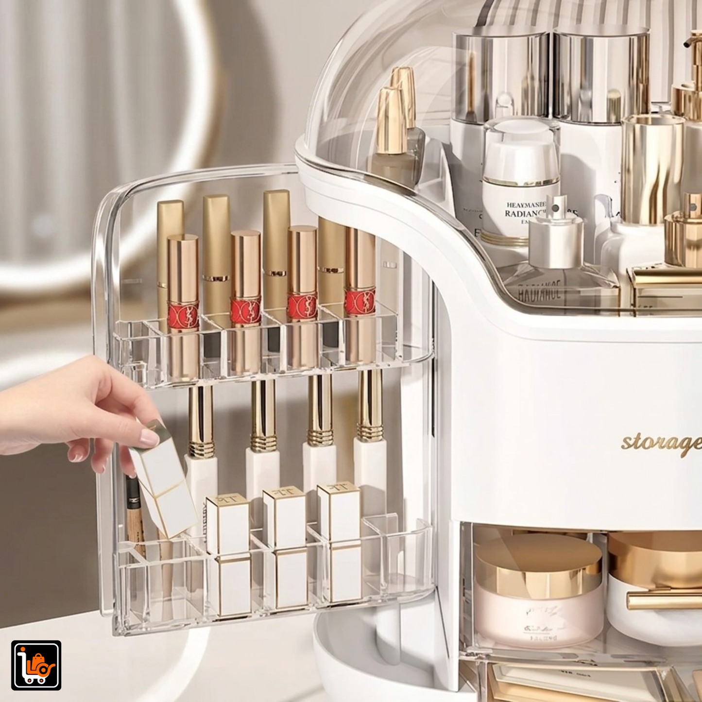 Premium Cosmetic Organizer Storage Box with Drawer & Separate Partition