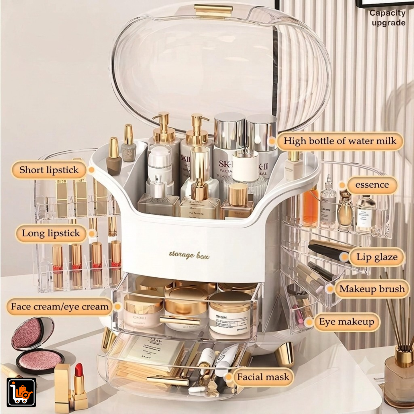 Premium Cosmetic Organizer Storage Box with Drawer & Separate Partition