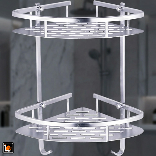 2-Tier Aluminum Corner Shelf With Hooks