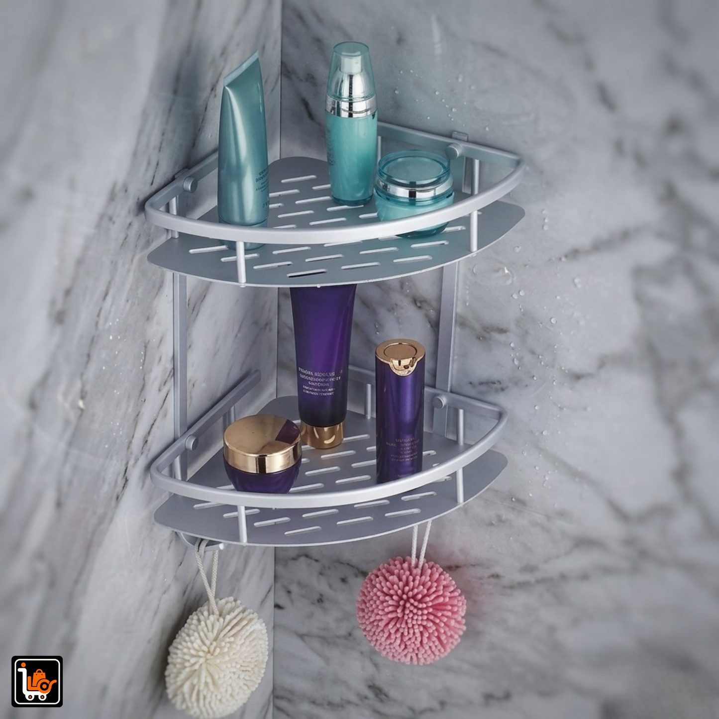 2-Tier Aluminum Corner Shelf With Hooks