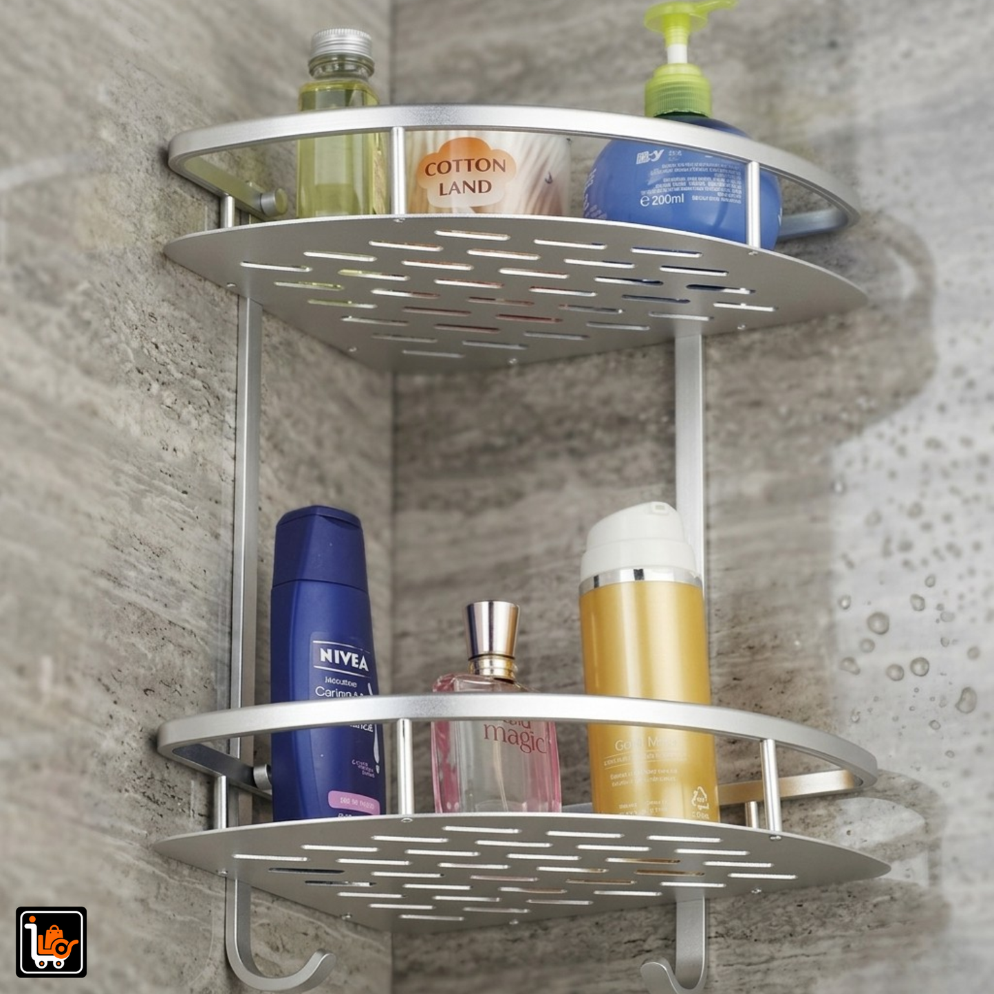 2-Tier Aluminum Corner Shelf With Hooks