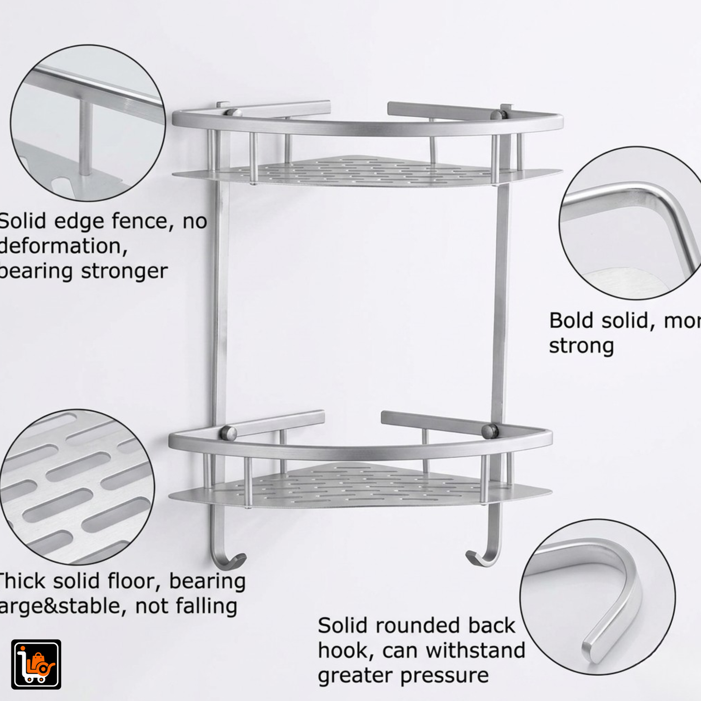 2-Tier Aluminum Corner Shelf With Hooks