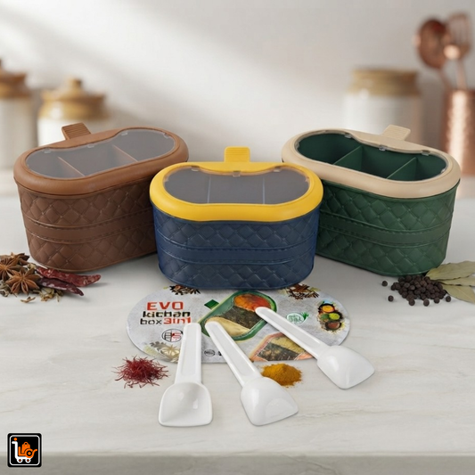 3-Compartment Spices Storage Box with Transparent Dust-Proof Cover & 3 Spoons