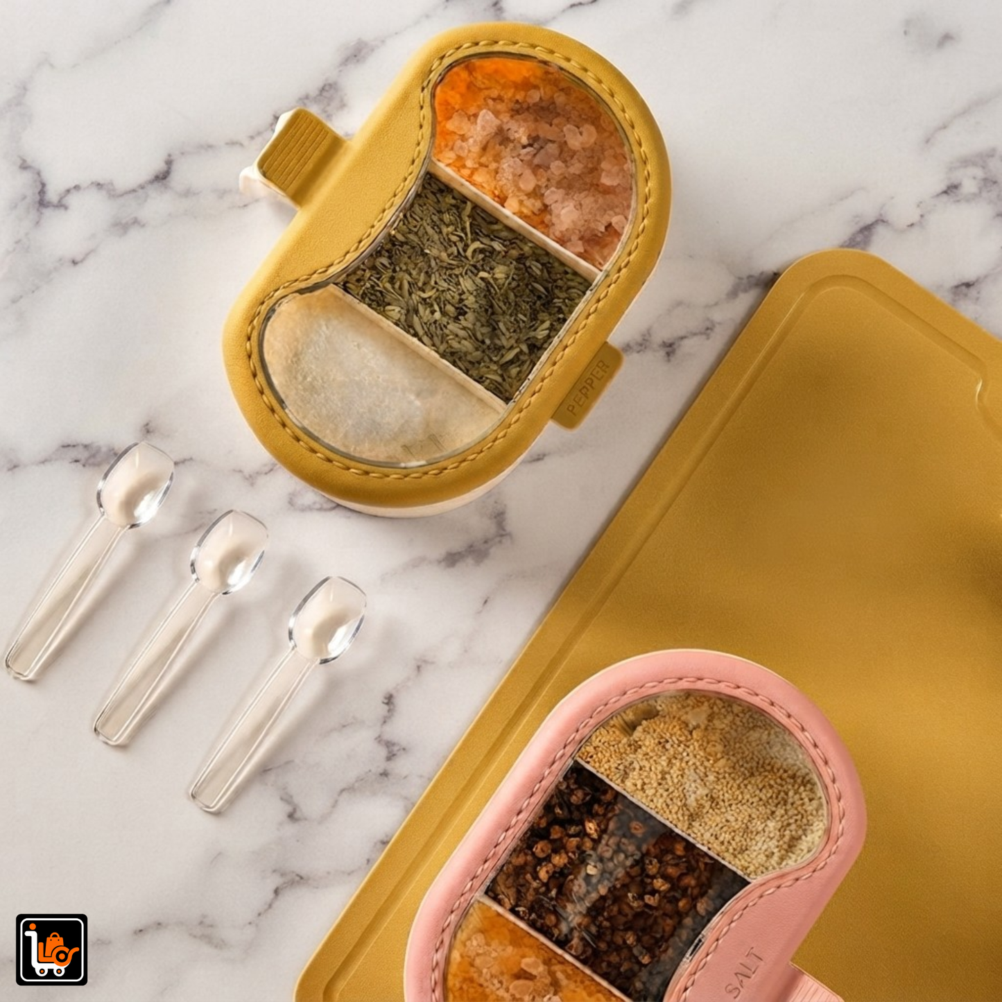 3-Compartment Spices Storage Box with Transparent Dust-Proof Cover & 3 Spoons