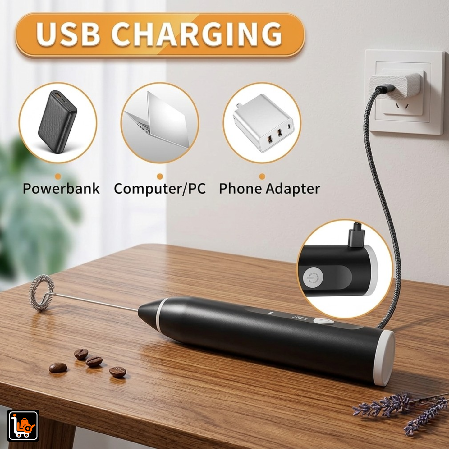 2-in-1 USB Rechargeable Milk Frother, Egg and Coffee Beater