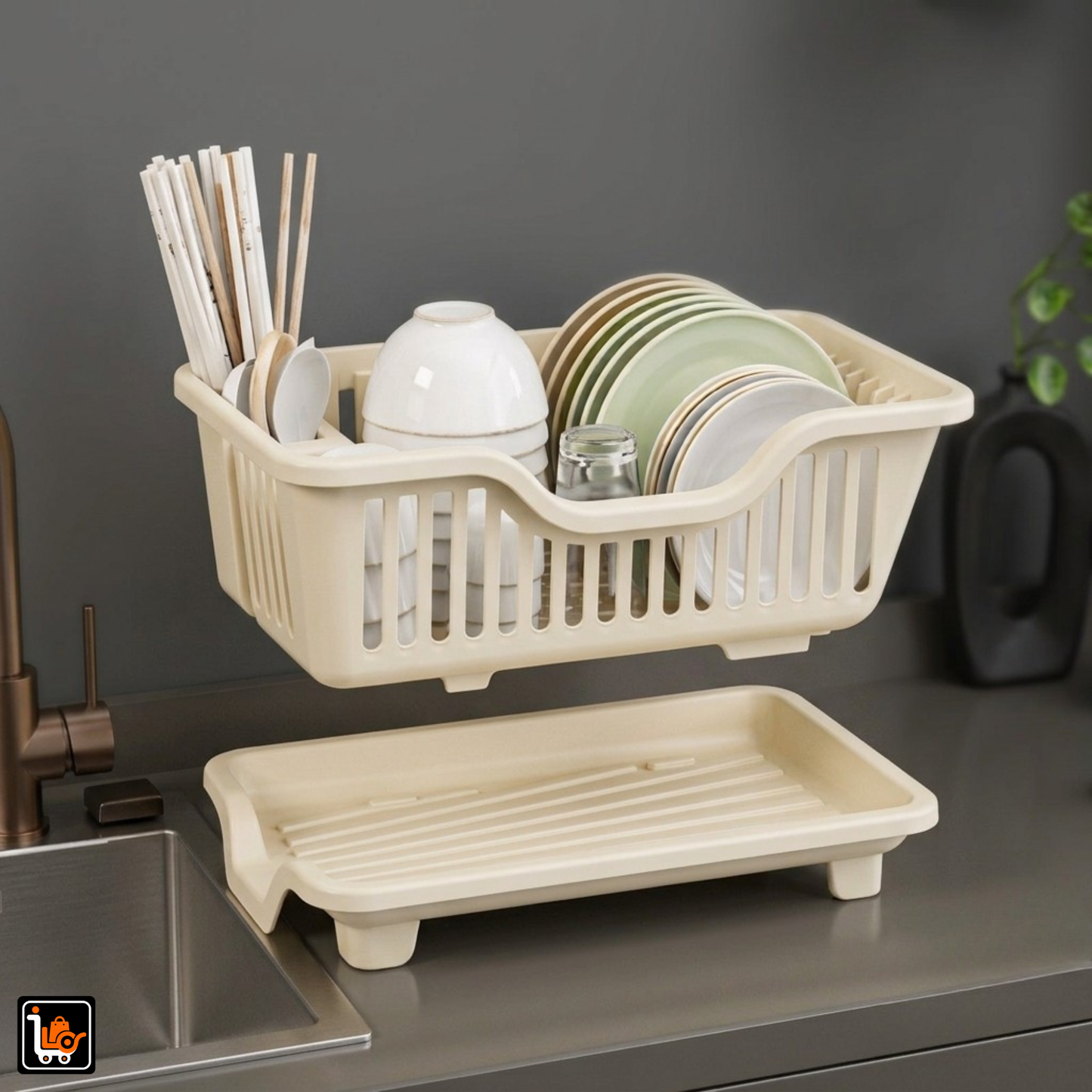 Dish Drying Rack with Removable Drain Tray & Cutlery Holder | Kitchen Dish Organiser