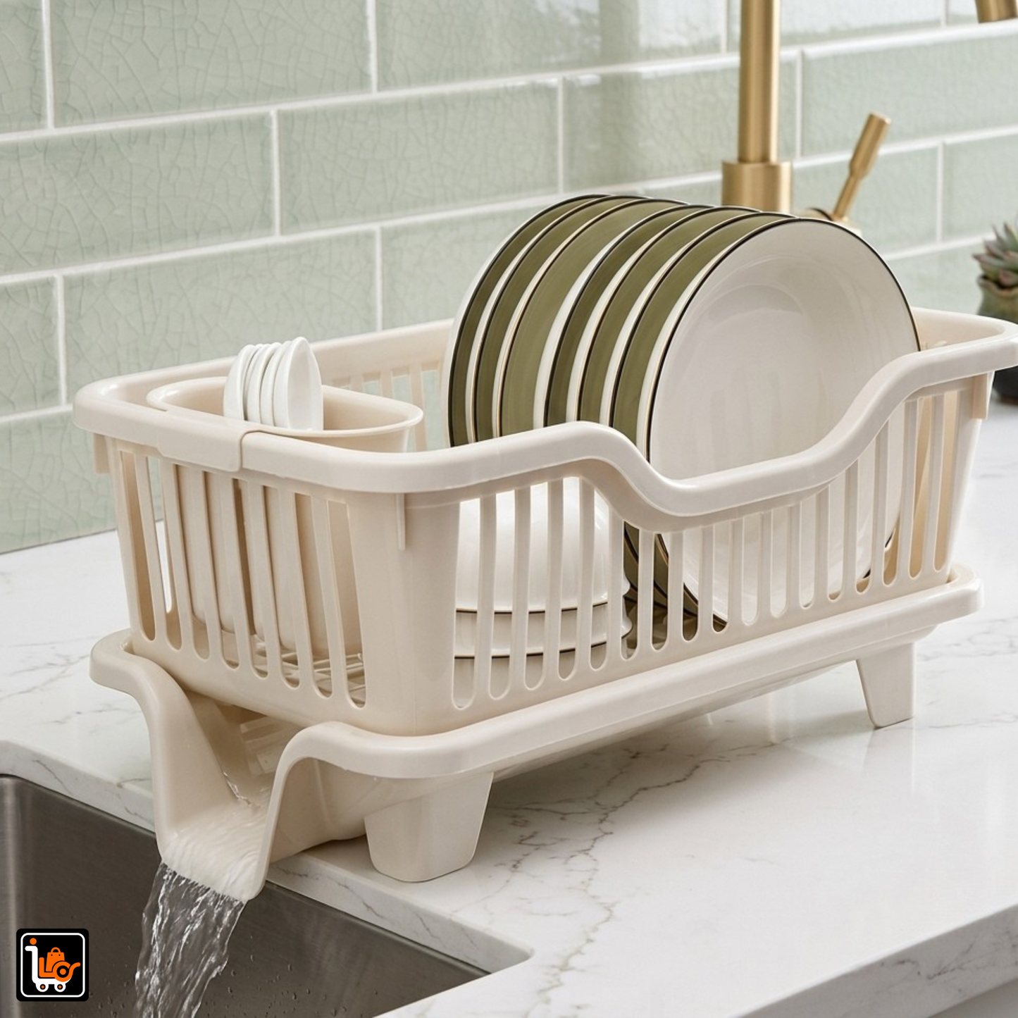 Dish Drying Rack with Removable Drain Tray & Cutlery Holder | Kitchen Dish Organiser